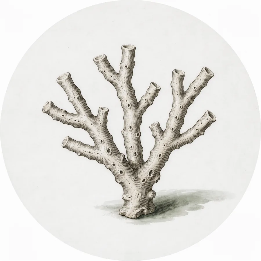 Engraved study of a small branching coral skeleton with fine surface ridges