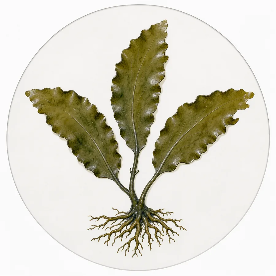 Watercolour seaweed study with undulating kelp blades and a small holdfast