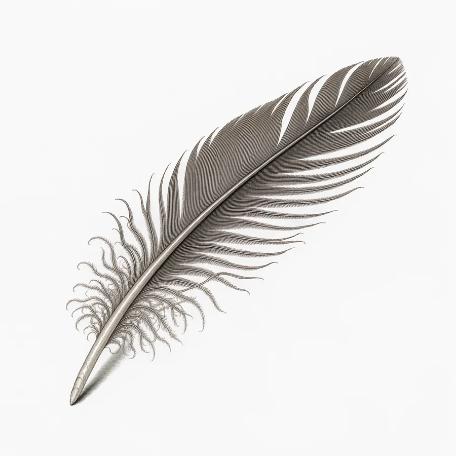 Fine engraved study of an isolated feather with branching barbs