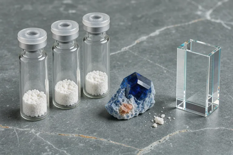 Borosilicate lyophilization vials containing crystalline peptide cake alongside a cobalt-blue copper coordination crystal and quartz analytical cuvette on mineral slate