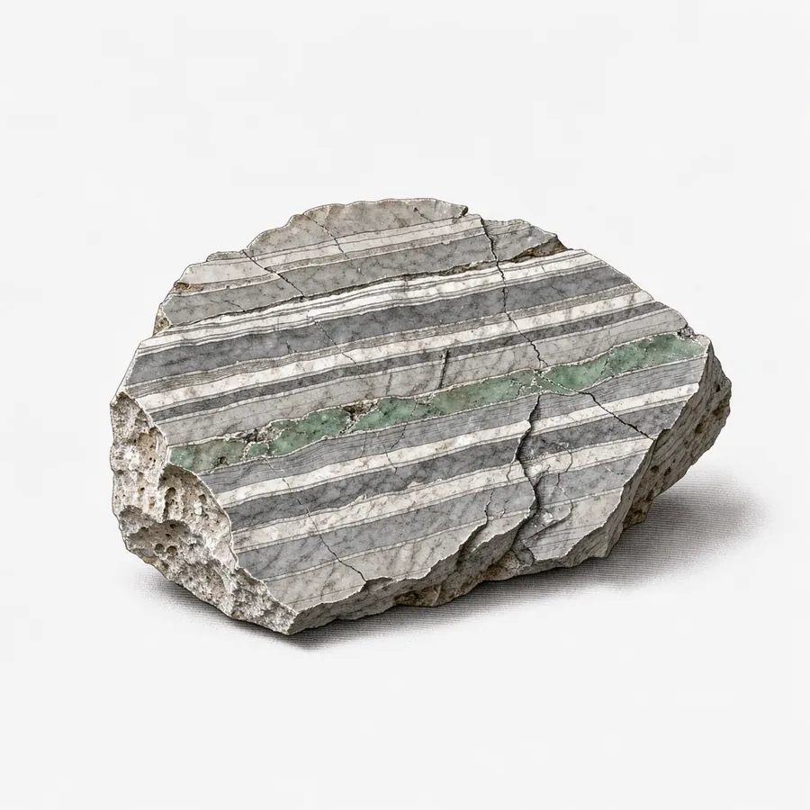 Engraved cross-section of layered stone with a small green mineral seam