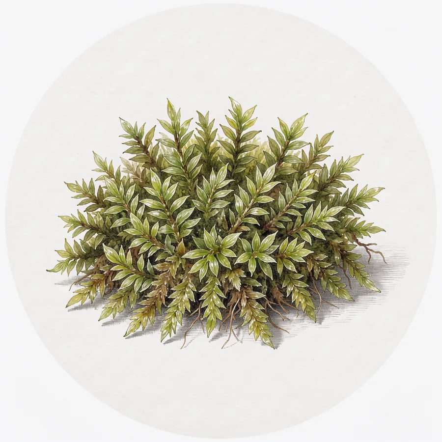 Watercolour study of a dense moss cushion with fine upright leaves