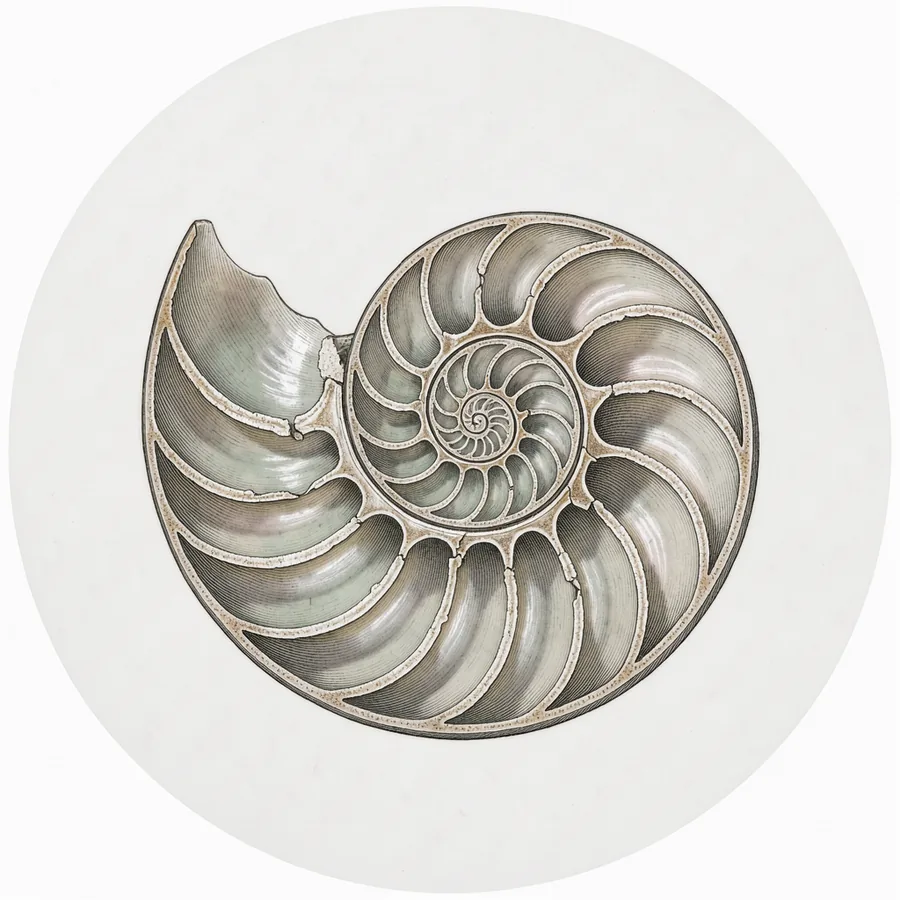 Natural-history engraving of a cut nautilus shell and its successive chambers
