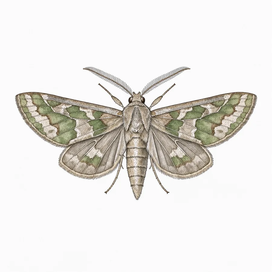 Scientific illustration of a pale moth with softly patterned open wings