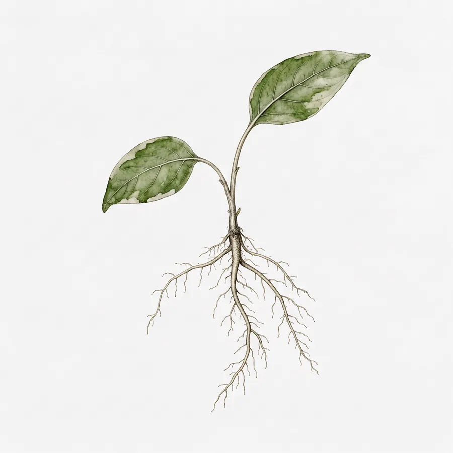 Botanical plate of a young plant with its branching root system exposed