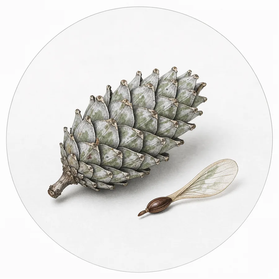 Botanical engraving of a small open seed cone and a single loose seed