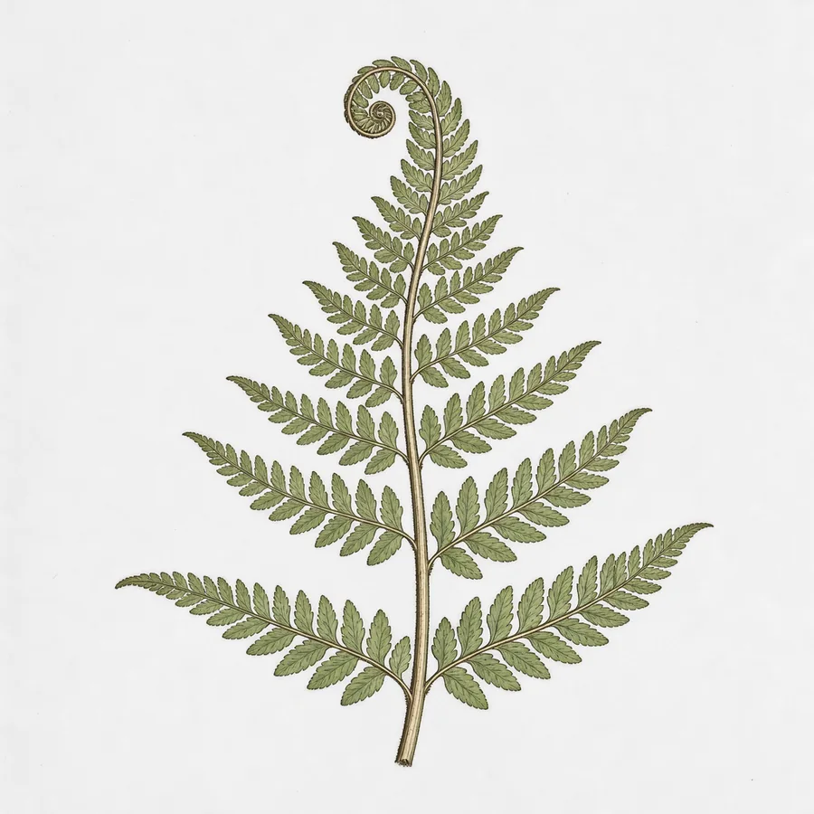 Engraved fern frond unfurling in a circular natural-history study